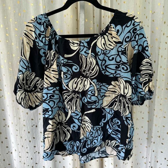 One Papaya Hawaiian Aloha Floral Tropical Leaves On Off Shoulder Peasant Top M - Picture 4 of 5